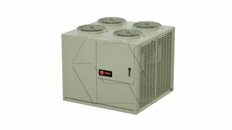 A large, beige commercial HVAC unit with four circular fans on top, a grated vent on the side, and a panel door with a handle and a red Trane logo on the front. The unit is placed on a plain white background.