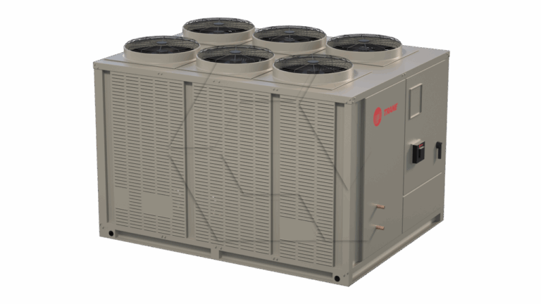 A large industrial HVAC unit with six circular fans on top, vertical ventilation grilles on the sides, and control panels on the front, seen against a plain white background.