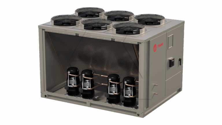 A large industrial HVAC unit with six black fans on top and multiple compressors visible inside the front compartment, housed in a beige metal casing.