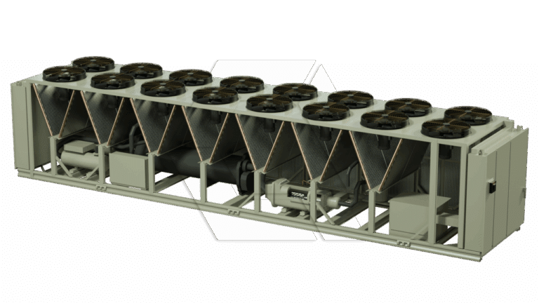A large industrial air-cooled chiller unit with multiple fans on top and a series of V-shaped condenser coils. The equipment is rectangular and beige, designed for commercial or industrial cooling applications.