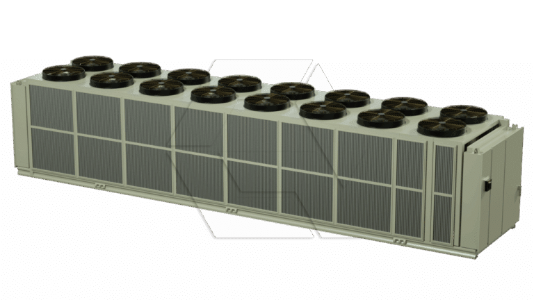 A large, rectangular industrial cooling unit with twelve black fans on top, enclosed in a gray metal casing with vented panels along the sides.