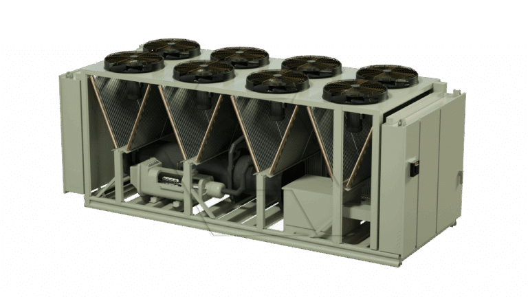 A large industrial air-cooled chiller unit with eight black fans on top, angled heat exchange coils, and internal mechanical components, all housed in a rectangular metal casing.