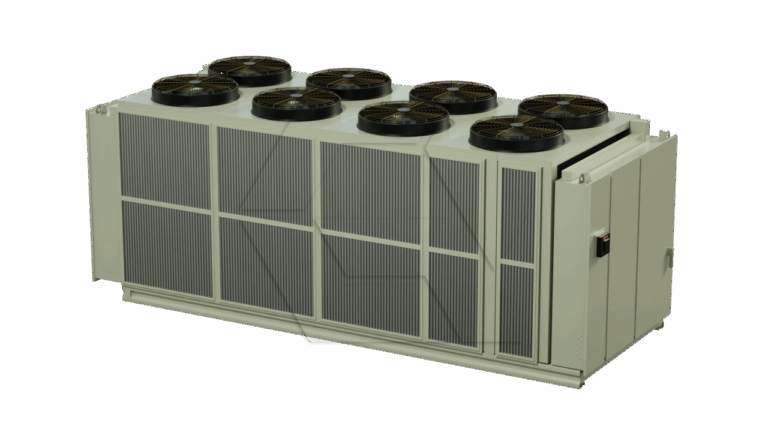 A large industrial HVAC cooling unit with eight black circular fans on top and metal grille panels on the sides, designed for commercial air conditioning or refrigeration.