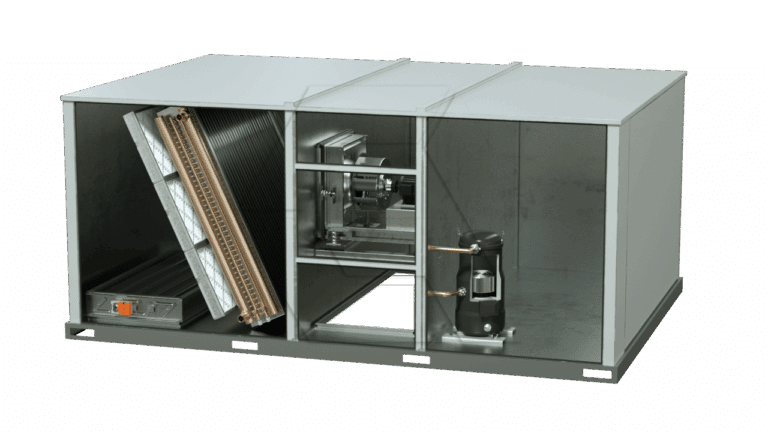 A cutaway view of a large industrial HVAC unit showing internal components, including angled filters, heat exchanger coils, mechanical parts, wiring, and a compressor, all housed in a metal rectangular casing.