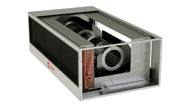 A cutaway view of a rectangular HVAC unit shows internal components, including coils, fans, and ducts, revealing the system's mechanism for heating, ventilation, and air conditioning.