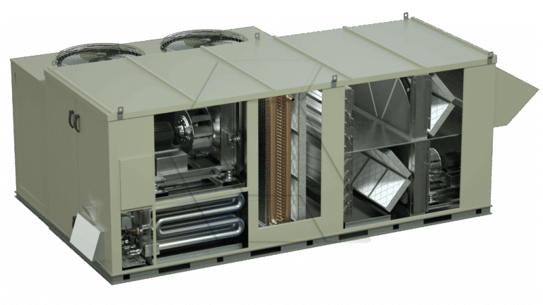 A large industrial HVAC unit with its exterior panels removed, revealing internal components like fans, coils, heat exchangers, and ductwork, all housed in a rectangular metal casing.
