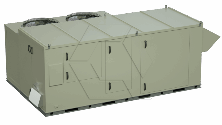 A large, rectangular, beige rooftop HVAC unit with multiple access panels and two visible ventilation fans on top, set on a pallet against a plain white background.