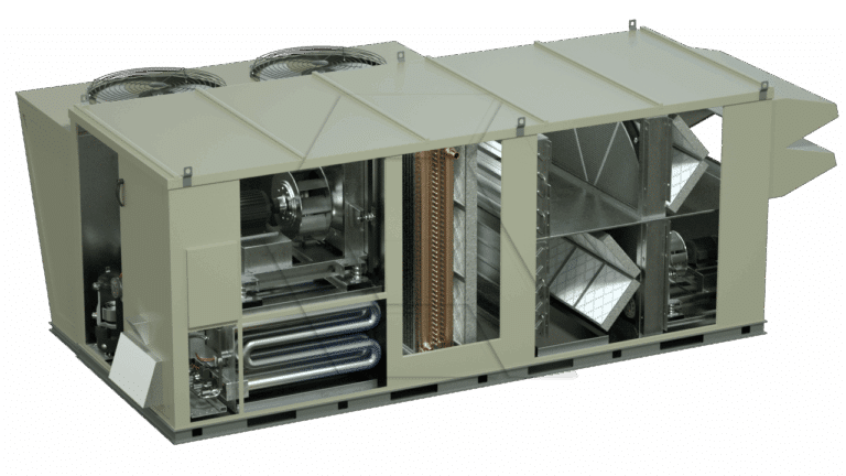 A large, rectangular industrial HVAC unit, shown with its side panel removed to reveal internal components such as fans, coils, compressors, and ductwork. The unit is designed for climate control in commercial buildings.