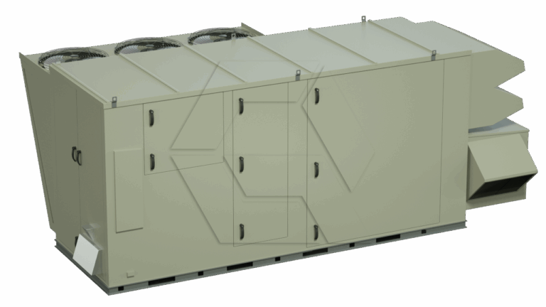 A large industrial HVAC rooftop unit with multiple access panels, vents, and fans mounted on top, housed in a beige rectangular metal casing.