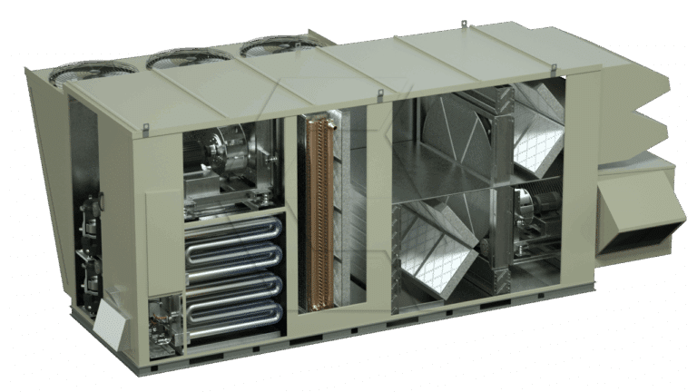 A large industrial HVAC unit with its side panels removed, revealing internal components such as coils, fans, filters, and ducts. The unit is gray and set against a plain white background.