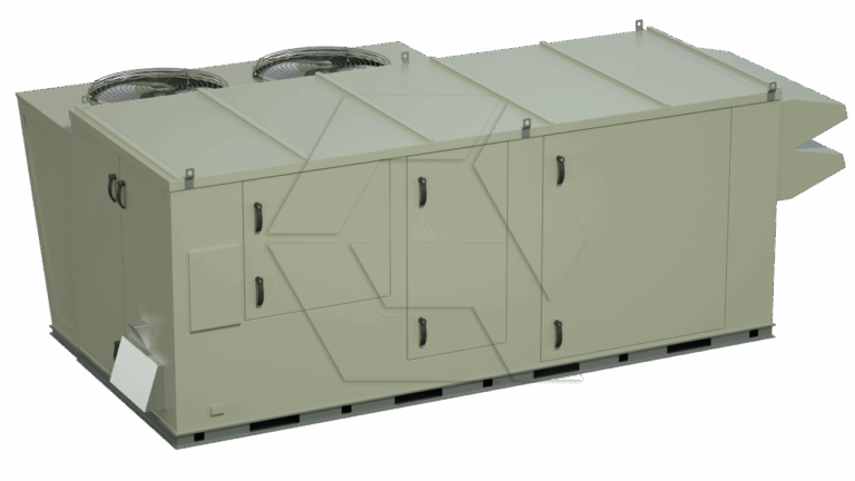 A large, beige commercial HVAC rooftop unit with two visible fans, multiple access panels, and air vents, designed for ventilation and climate control in large buildings.