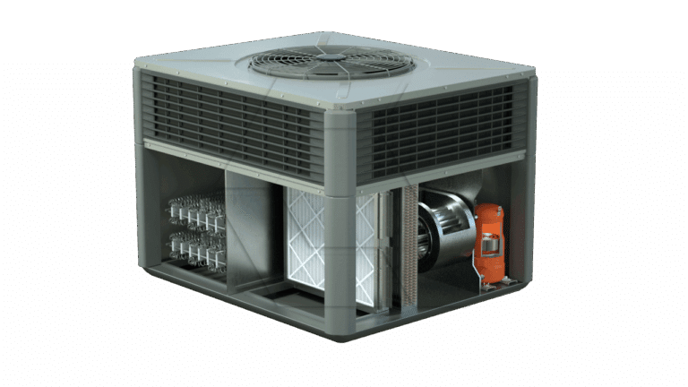 A cutaway view of an air conditioning unit showing internal components, including coils, a fan, air filters, ducts, and a cylindrical compressor, against a plain white background.