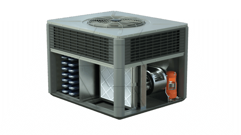 3D-rendered cutaway view of a residential air conditioning unit showing internal components, including cooling coils, a fan, an air filter, and a cylindrical orange compressor.