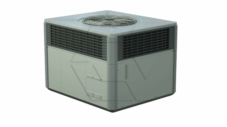 A square, gray outdoor air conditioning unit with a large fan on top and vented sides, set against a plain white background.