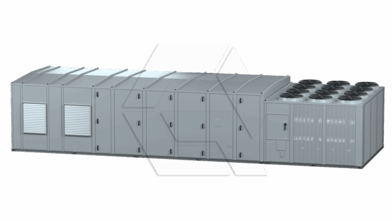 Large industrial HVAC unit with multiple connected sections, including ventilation grilles, panel doors, and several large fans on one end, all in a light gray color against a white background.