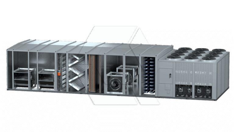 A large industrial HVAC air handling unit is shown in cross-section, displaying internal components such as fans, coils, filters, ducts, and cooling modules, with multiple fans on top of the rightmost section.