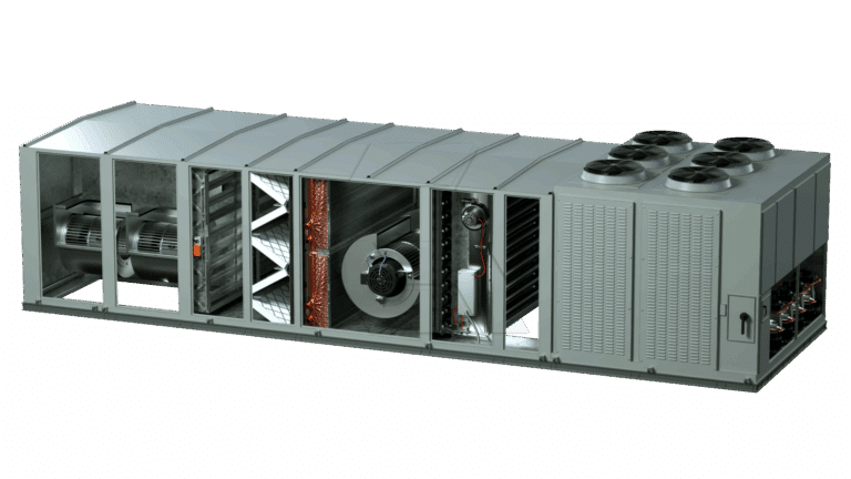 A large industrial HVAC unit with several sections exposed, revealing internal components like fans, coils, filters, and electrical parts. Four large exhaust fans are visible on the top right.