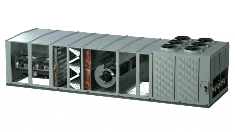 A large industrial HVAC unit with visible internal components, including fans, coils, and ducts, shown through transparent panels on a white background.