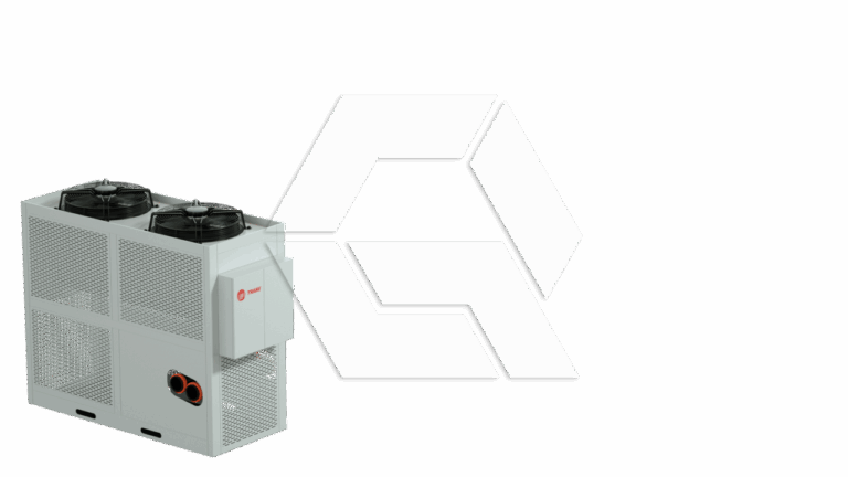 A white industrial air conditioning or refrigeration unit with two large fans on top, a control panel on the side, and vented metal panels, displayed against a plain background with a faint geometric logo.