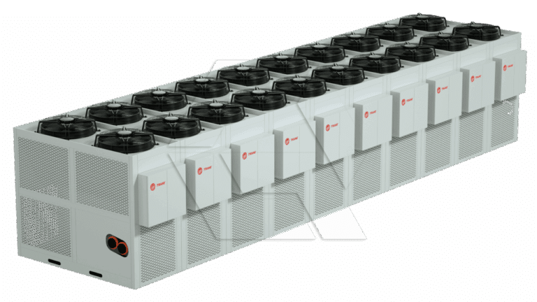 A large industrial cooling unit featuring multiple fans on top and several white control panels along the side, with two large pipe connections on one end.