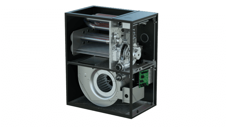 A cutaway view of a metal furnace unit showing internal components, including a blower fan, heat exchanger, circuit board, and ductwork, against a plain white background.
