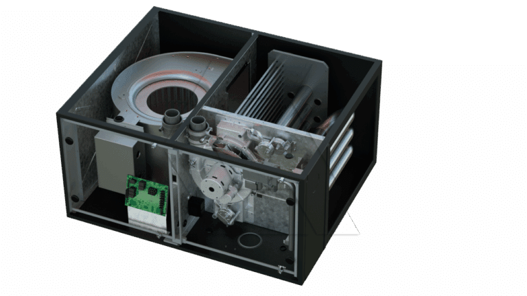 A 3D-rendered image of an open black metal enclosure showing internal components, including a fan, circuit board, pipes, and various mechanical and electronic parts, all arranged in separate compartments.