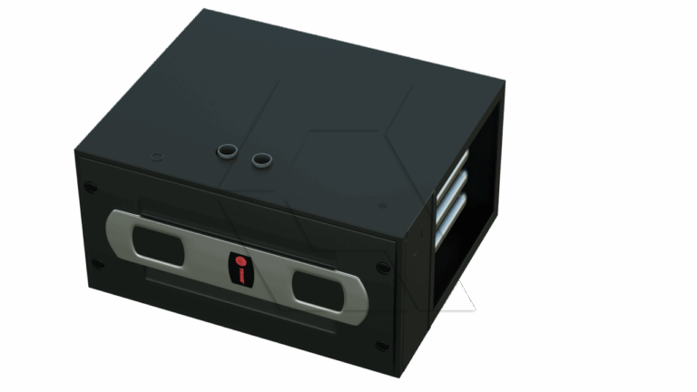 A black rectangular electronic device with a front panel featuring two silver buttons and a red indicator. The side shows three cylindrical components inside the device, possibly batteries or capacitors.
