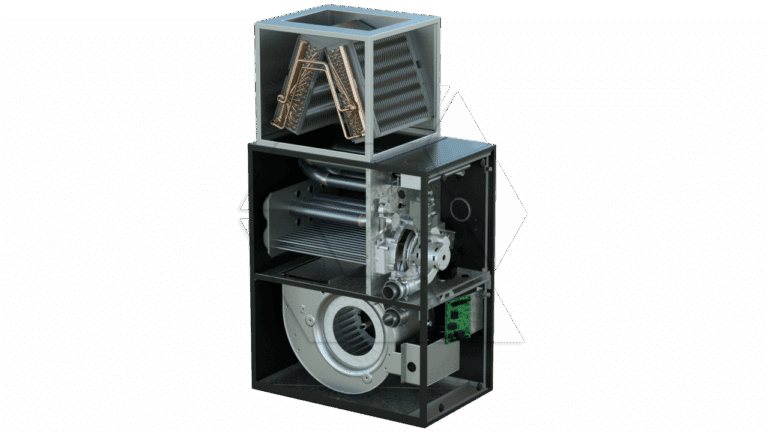 A cutaway view of an industrial air handling unit showing internal components, including filters, fans, coils, and electrical parts inside a rectangular metal housing.