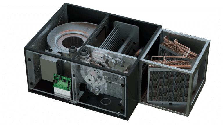 A digital rendering of an industrial HVAC unit with its casing removed, revealing internal components like fans, circuit boards, metal coils, and cooling fins.