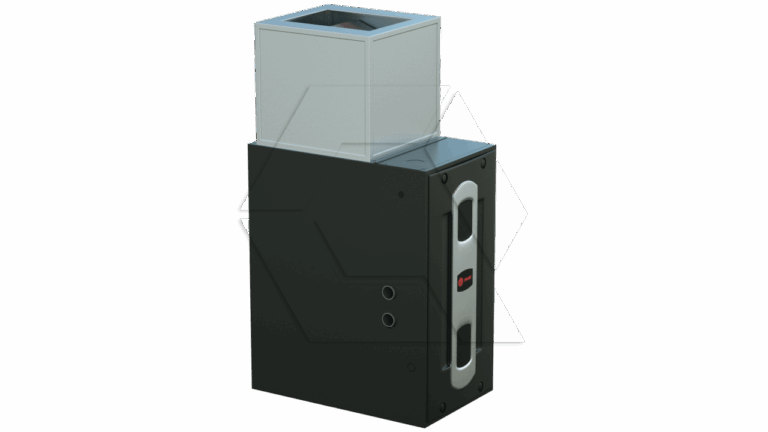 A black and silver HVAC furnace unit with a rectangular duct on top, viewed at an angle on a plain white background.
