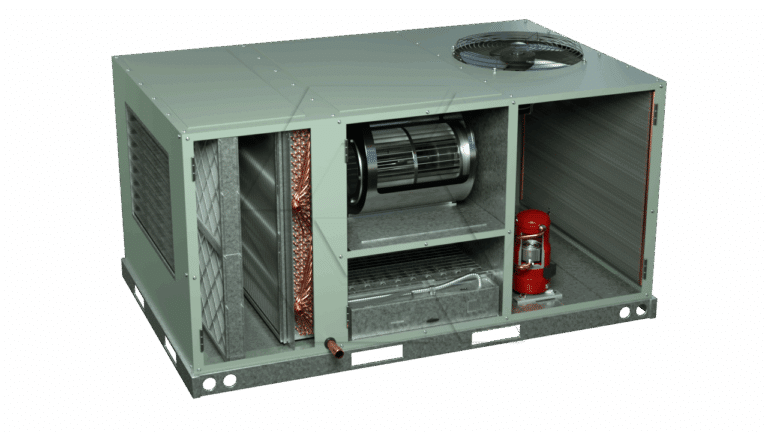 A rooftop HVAC unit with its panel removed, showing internal components like a fan, copper coil, air filter, blower, and a red compressor inside a metal casing.