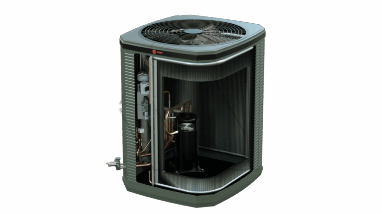 A cutaway view of an outdoor air conditioning unit shows internal components, including copper pipes, wiring, and the compressor. The top features a large fan. The exterior has a metal grille, and one panel is removed to reveal the inside.