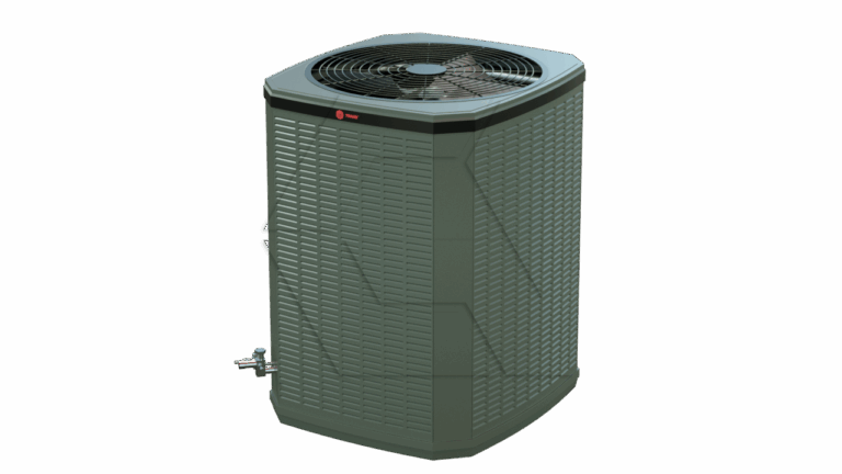 A green outdoor air conditioning unit with a fan on top and a small valve on the side, shown against a plain white background.