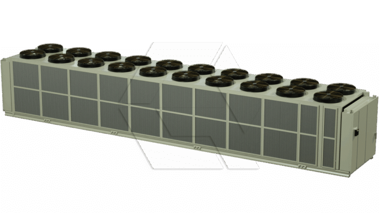 A large industrial HVAC unit with multiple black circular fans on top, enclosed in a rectangular metal casing with vented panels along the sides.