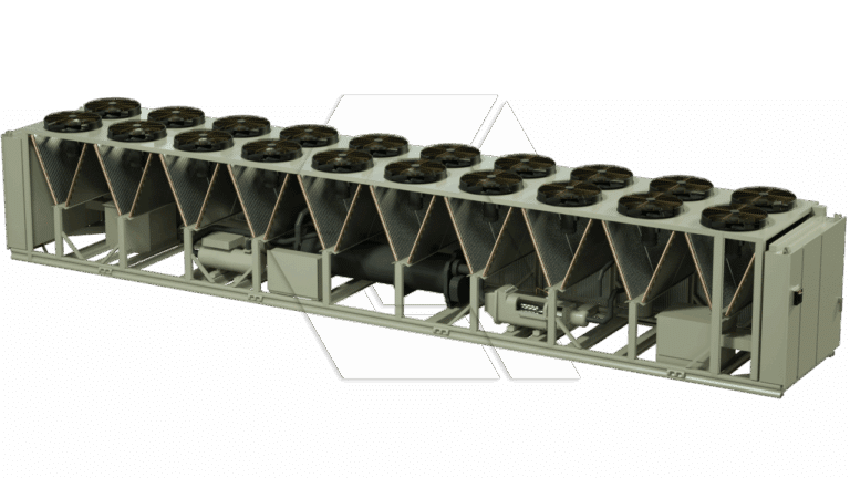 A large industrial HVAC chiller unit with multiple cooling fans on top, arranged in a rectangular metal frame and designed for commercial or industrial cooling applications.