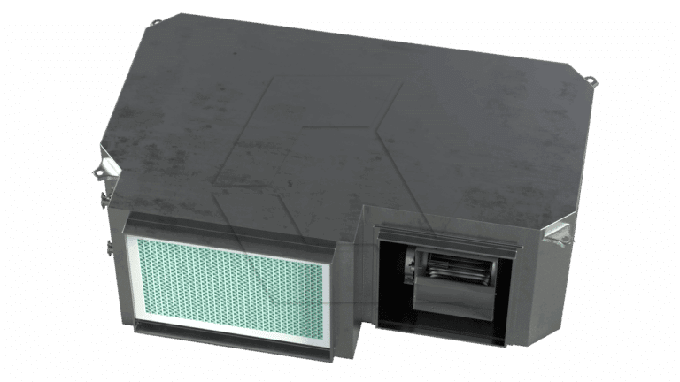 A rectangular, black metal HVAC unit with a visible filter on one side and a fan or blower mechanism on the other, set against a plain, light background.