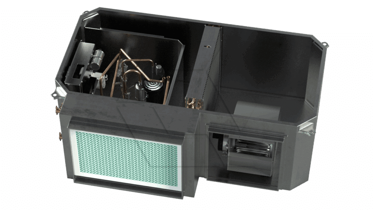 A 3D rendered image of an open HVAC unit showing internal components including coils, tubing, a fan, and a filter, all housed within a rectangular metal casing.
