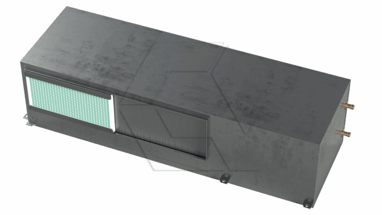A rectangular metal air handling unit with visible air filters and two copper pipe connections, designed for HVAC systems, viewed from an angle.
