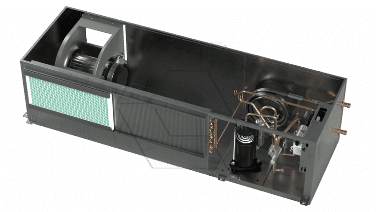 Rectangular, open metal HVAC unit showing internal components, including a fan, air filter, and coiled copper tubing for heating or cooling, on a light background.