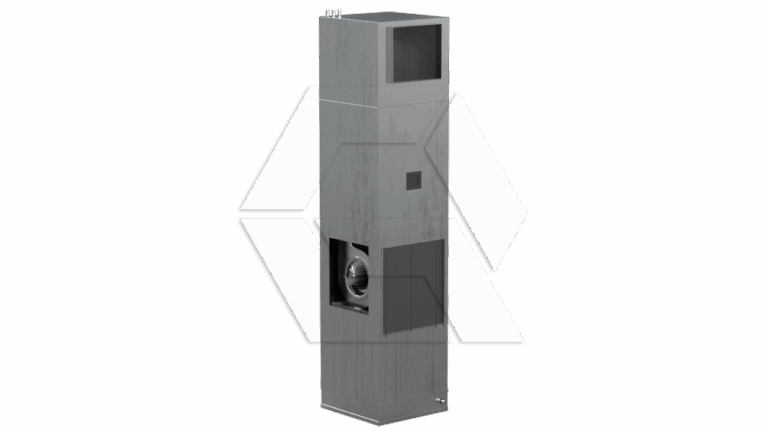 A tall, rectangular metal HVAC unit with a vented opening near the bottom and another near the top, standing upright against a plain white background.