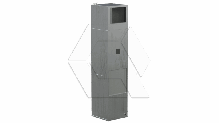 A tall, rectangular, metallic industrial cabinet with a vent or screen at the top, a small square display or control panel in the middle, and a larger door at the bottom.