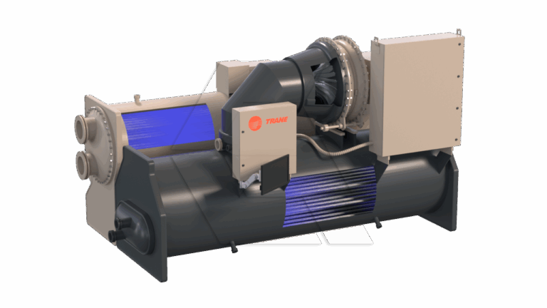 A large industrial chiller machine with a black cylindrical base, beige control boxes, and visible piping connections, branded with the Trane logo. Blue highlights indicate coolant flow inside the unit.