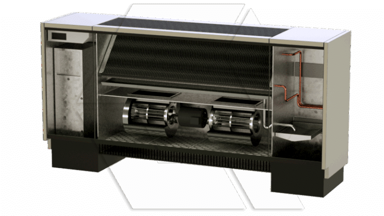 A cutaway view of a large HVAC unit shows internal components, including two cylindrical fans, copper pipes, and a metal heat exchanger inside a rectangular metal casing.