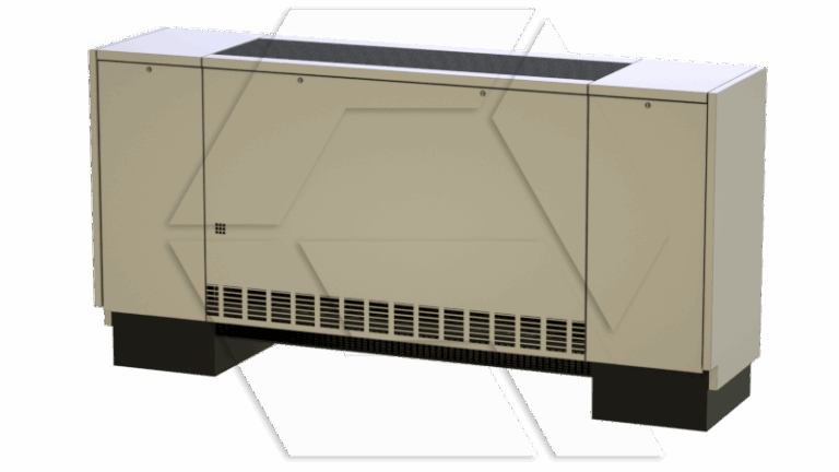 A beige rectangular HVAC unit with black base and top grille, featuring vent openings at the bottom front panel, standing against a plain white background.