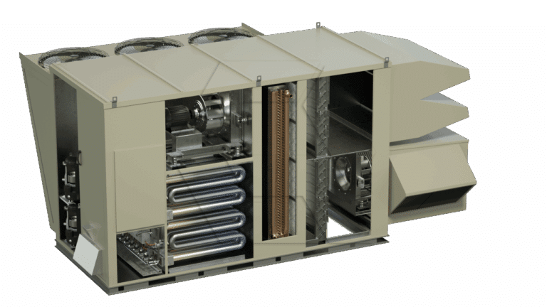 A large industrial HVAC unit with its outer casing partially removed, revealing internal components such as coils, fans, compressors, and ductwork, all housed in a rectangular metal frame.