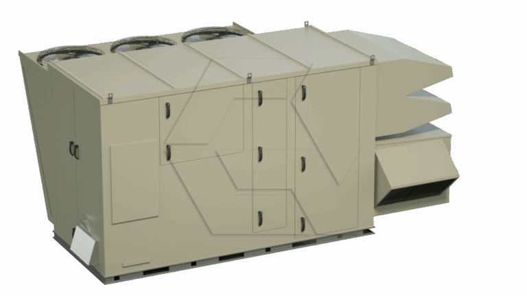 A large beige industrial HVAC rooftop unit with multiple compartments, vents, and visible fans on top, designed for commercial building climate control. The background is plain white.