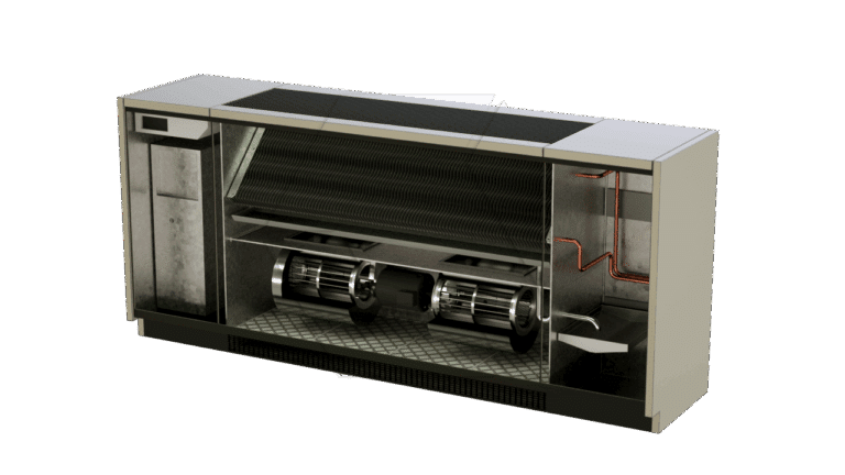 A cutaway view of a rectangular HVAC unit showing internal components, including fans, coils, a filter, and metal pipes used for heating or cooling air.