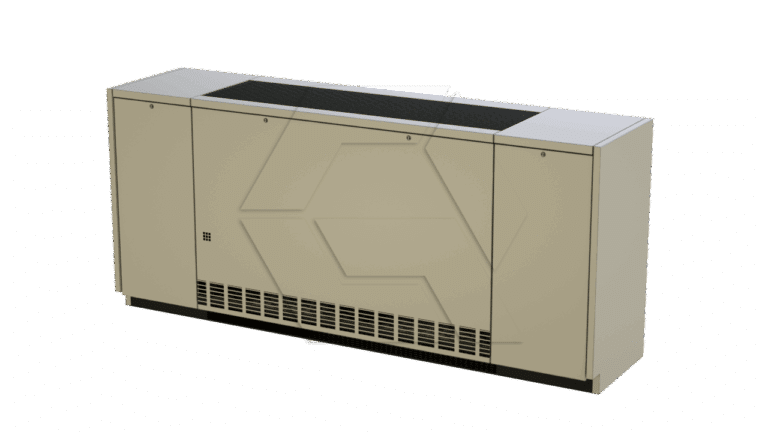 A beige metal floor-standing HVAC unit with ventilation grilles at the base and black mesh panel on top, featuring two side doors and a smooth, minimalist design.
