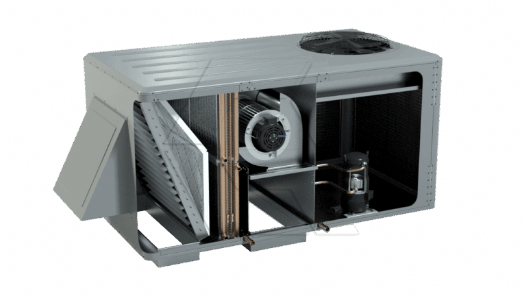 A cutaway view of an industrial HVAC unit showing internal components, including a fan, air filter, copper coils, and a compressor, with a metal exterior casing.