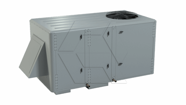 A gray industrial HVAC unit with a top-mounted fan, two front access panels, and a side vent, photographed on a plain white background.